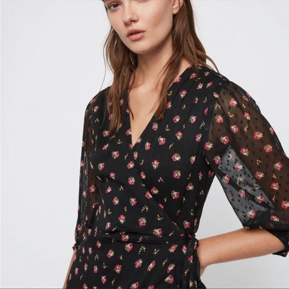 ALLSAINTS Jade Aster Floral Black Wrap Dress S